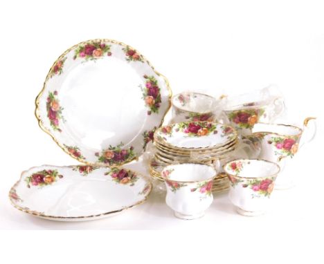 A boxed Royal Albert Old Country Roses part tea service, to include serving plate, 21cm wide, cups, saucers, etc., printed ma