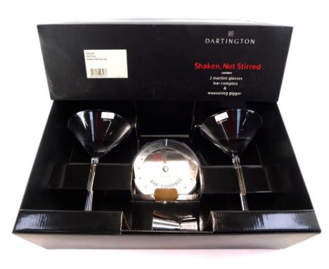 A Dartington crystal martini glass gift set, 'Shaken not Stirred', comprising tow martini glasses, a bar compass and measurin