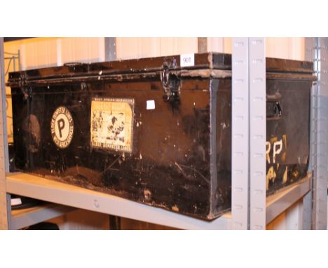 METAL TRAVEL TRUNK. Large metal travelling trunk with original travel stickers