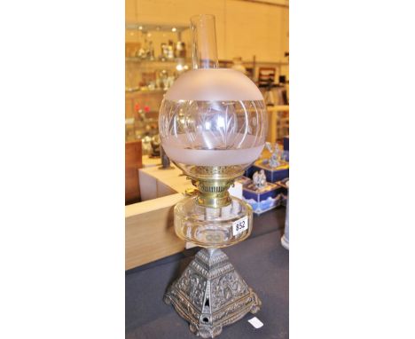 BRASS AND GLASS OIL LAMP. Etched brass and glass oil lamp A/F