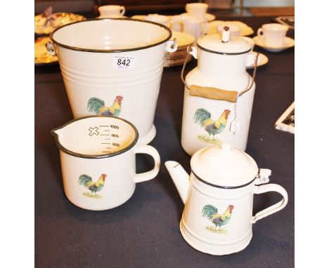 ENAMEL KITCHEN WARE. Set of four enamelled kitchen items with cockerel decoration