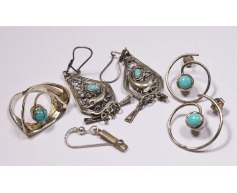 EARRINGS AND RING. Two pairs of silver stone set earrings and a silver ring