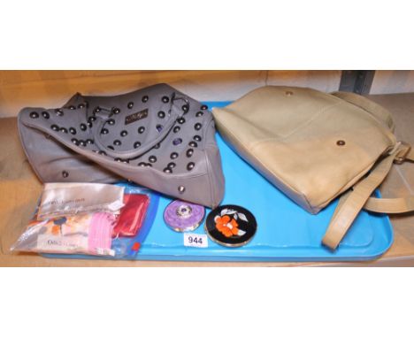 DESIGNER SCARVES. Two ladies leather handbags, compact and designer French scarves including Ted Lapidus, Gerry Weber and Odi