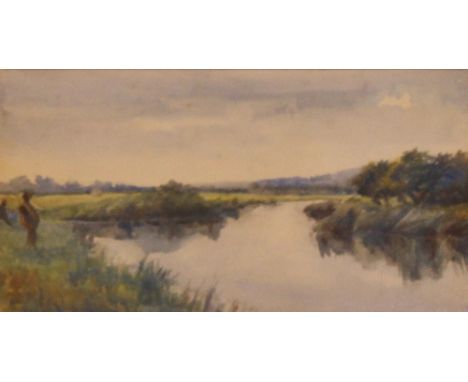 FISHING WATERCOLOUR. Frederik R Lee watercolour on paper Fishing on the Darenth Kent 1918. 27 x 14 cm