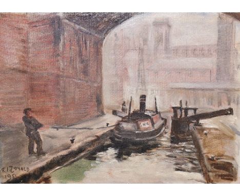 R I DONALD PICTURE. R I Donald oil on board canal scene dated 1951. 28 x 20 cm
