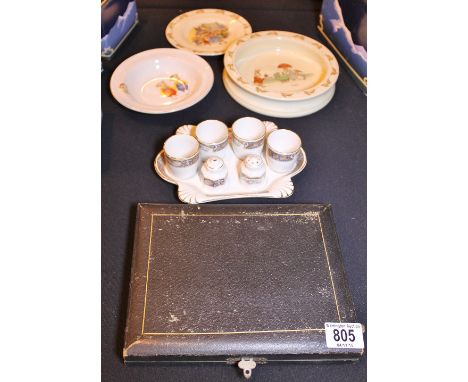 ROYAL DOULTON BUNNYKINS. Royal Doulton two Bunnykins dishes, antique set of four ceramic egg cups and cruet and a boxed set o