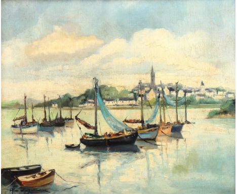 Alfred Andrieux (1879 - 1945), oil on canvas, harbour scene Honfleur, signed, 46cm x 54cm, framed1 small patch repair not vis