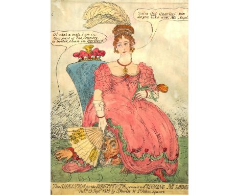 Original political satire print, the shelter for the destitute, remov'd to cunning M lodge, published by S Vowles 1820, 33cm 