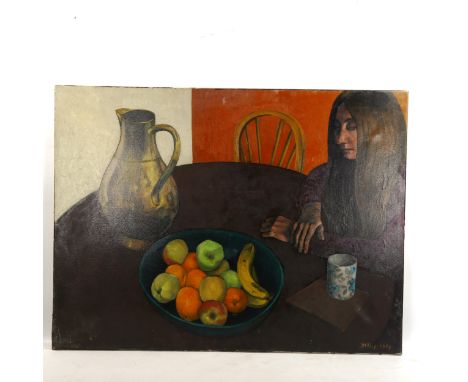 Ron Dellar, oil on canvas, Charlotte at the table, signed and dated 1969, 77cm x 100cm, unframedA few very light surface abra