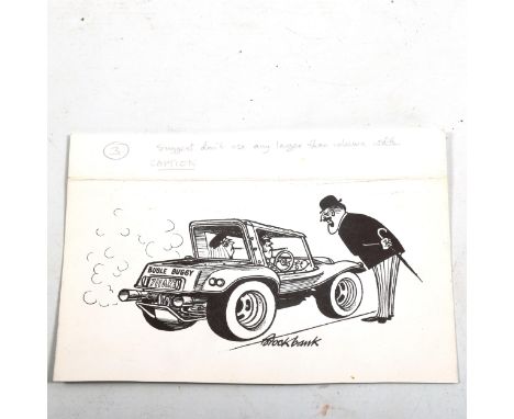 Brockbank, original pen and ink cartoon drawing for Peter Philby Alternative Cars magazine, signed, sheet size 13cm x 20cm, u