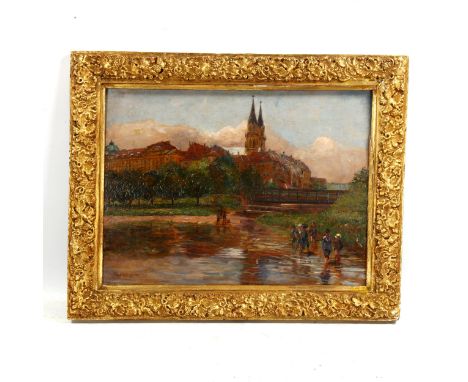 Lionel Percy Smythe (1839 - 1918), oil on wood panel, children playing in a river, signed and dated 1895, 33cm x 45cm, framed