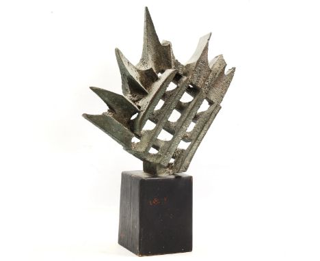 Mid-20th century verdigris patinated bronze abstract sculpture, indistinctly signed on wood plinth, height 37cm 