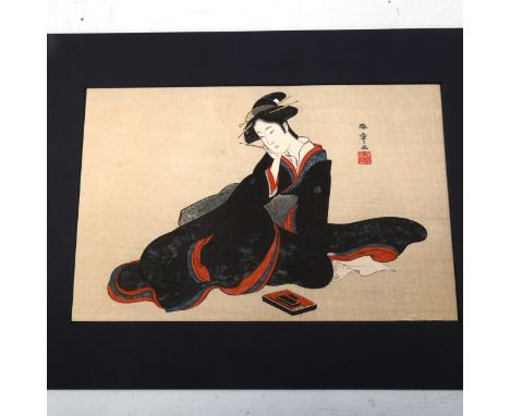 Katsukawa Shunsho, woodblock print, woman writing a letter, image 19cm x 29cm, mountedA couple of very light fox marks in the
