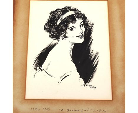 Lewis Baumer (1870 - 1963), ink drawing, a Baumer girl circa 1920, signed, 25cm x 20cm, mountedSlight paper discolouration 