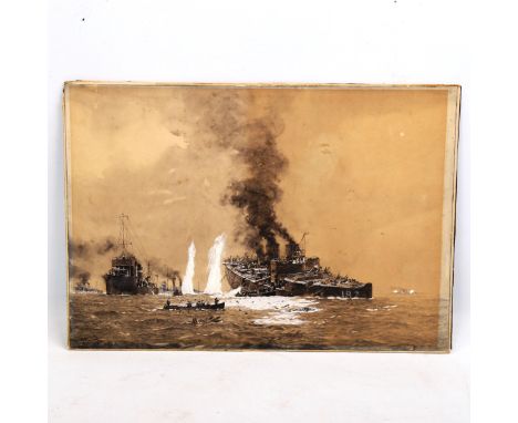 Henry Swanwick (1866 - 1929), watercolour/bodycolour, First World War sea battle scene, signed and dated 1916, 27cm x 39cm, u