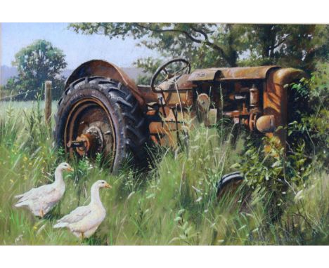 Stephen Hawkins (born 1964), coloured pastels, old red tractor, signed, 30cm x 44cm, framedGood condition 