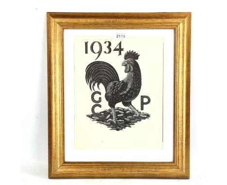 Eric Ravilious, woodcut print, cockerel, published by the Golden Cockerel Press 1934, sheet 29cm x 22cm, framedA few very lig