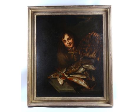 Circle of or attributed to Giuseppe Recco (1934 - 1695), late 17th century Neopolitan oil on canvas, study of a fish seller, 
