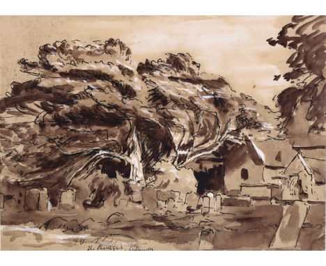 Ink and wash drawing, the churchyard at Wilmington, signed with monogram PB, 25cm x 34cm, framedGood condition, mount slightl