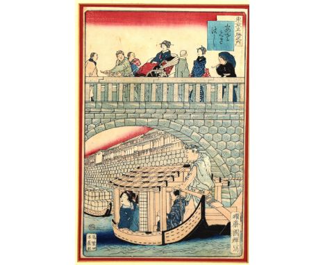 Japanese colour woodblock print, bridge over a river, image 35cm x 24cm, framedVery light foxing above the figures on the bri