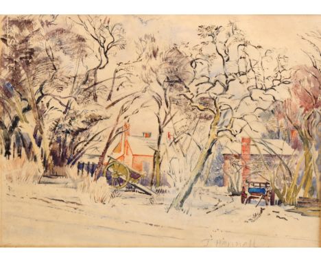 Thomas Hennell, watercolour sketch, farmyard, signed, 26cm x 36cm, framedEven paper discolouration, mount discoloured and bug