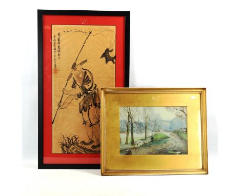 A group of paintings and prints, including Chinese scroll painting, mixed media etc, all framed (5) 