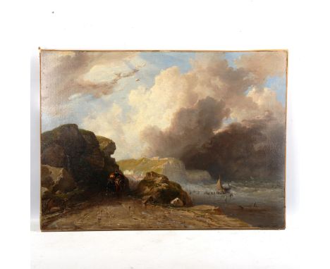 Attributed to George Clint (1770 - 1854), early 19th century oil on canvas, view of Hastings from White Rock with figures pul