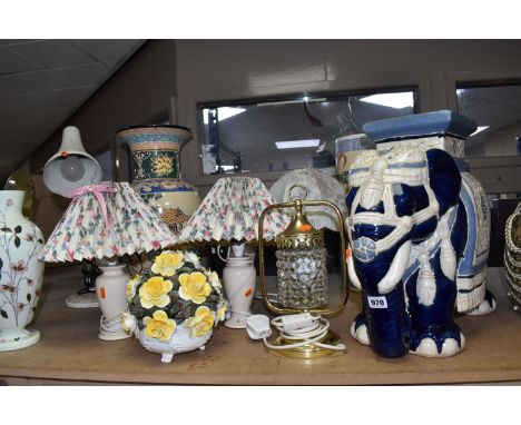 A SELECTION OF VASES AND LAMPS ETC, to include a Victorian uranium glass vase with hand painted decoration, approximate size 