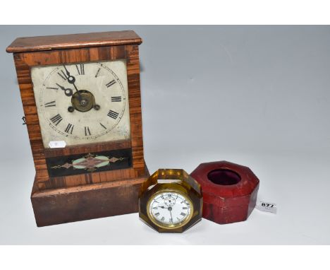 TWO VINTAGE CLOCKS, comprising an eight day mantel clock in a wooden case, metal painted dial with Roman numerals, small insi