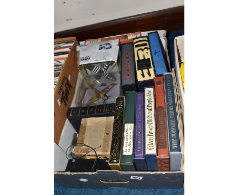 ONE BOX OF FOLIO SOCIETY BOOKS AND MISCELLANEOUS, to include metal alphabet numbers and letters, two Corgi boxed WWII planes 