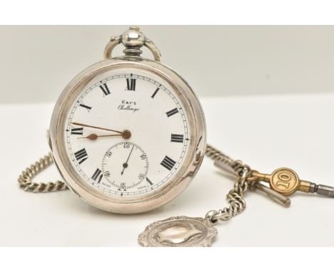A SILVER OPEN FACE POCKET WATCH AND ALBERT CHAIN, the key wound pocket watch with a round white Roman numeral dial, signed 'K