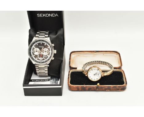 A LADIES 9CT GOLD WRISTWATCH AND A GENTS BOXED SEKONDA WATCH, the ladies manual wind watch, with round white dial, Arabic num