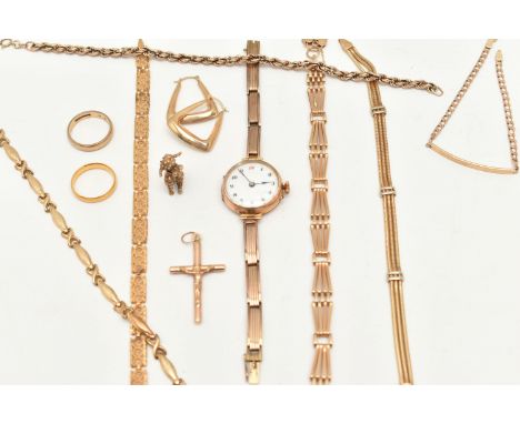 A SELECTION OF 9CT/22CT GOLD JEWELLERY, to include six 9ct gold bracelets of various designs rope twist, gate bracelet, filig