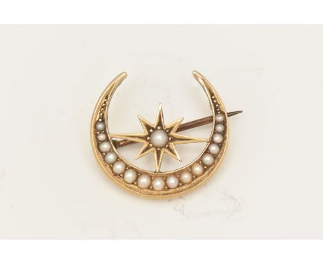 A YELLOW METAL VICTORIAN SPLIT PEARL BROOCH, in the form of a crescent moon and star, fitted with a base metal brooch pin and