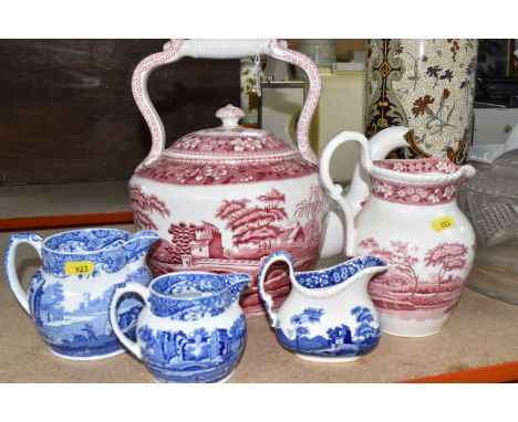 A GROUP OF SPODE CERAMICS, comprising a Spode 'Tower' pattern large teapot in the form of a kettle, height to top of handle 3