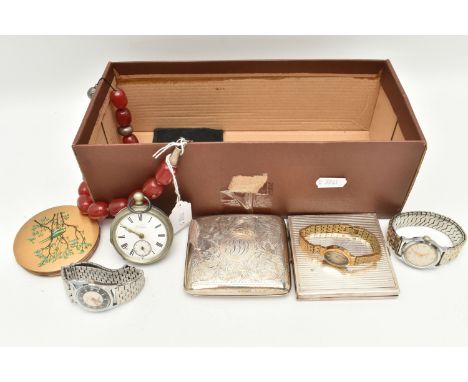 A BOX OF ASSORTED ITEMS, to include a silver cigarette case with scrolling acanthus detail and engraved cartouche, fitted wit