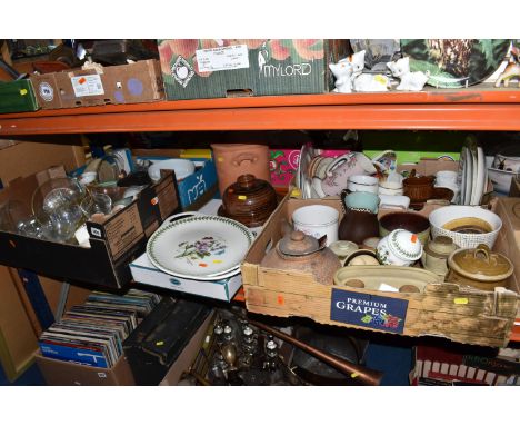 FOUR BOXES AND LOOSE MIXED CERAMICS AND GLASSWARE to include a group of Crown Devon 'Stockholm' items to include a mug, milk 