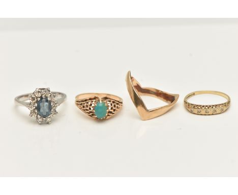 FOUR RINGS, to include a yellow gold double wishbone ring, hallmarked 9ct Birmingham, ring size P, a yellow gold ring star se