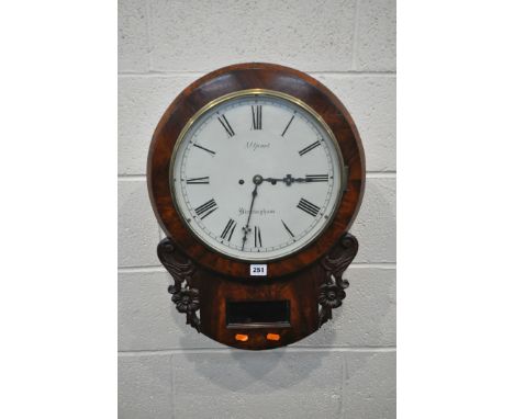 A REGENCY MAHOGANY DROP DIAL WALL CLOCK, with a twin fusee movement, a circular glass door, that’s enclosing a 12 inch enamel