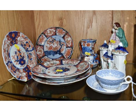 A GROUP OF NINETEENTH CENTURY CERAMICS, to include an early nineteenth century blue and white transferware teacup and saucer 