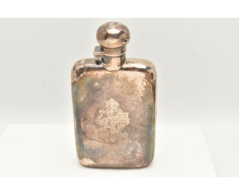 A LATE VICTORIAN SILVER HIP FLASK, polished form with engraved monogram, twist lock domed cap, hallmark rubbed for 'Sampson M