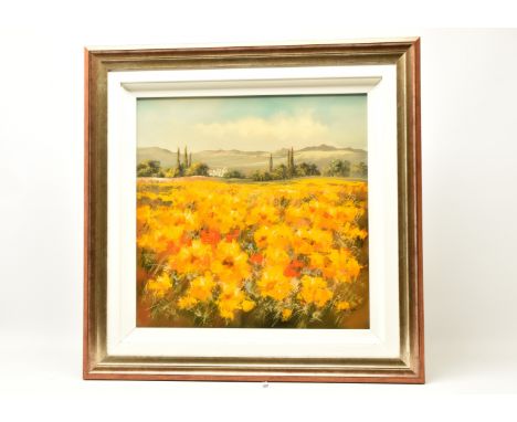 ALLAN MORGAN (SCOTLAND 1952) A CONTINENTAL LANDSCAPE, a field of yellow flowers lies before a distant villa, signed bottom ri