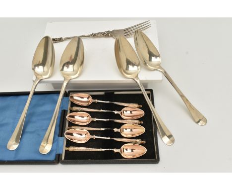 A SET OF FOUR 19TH CENTURY DUTCH SILVER TABLESPOONS, a white metal fork with cast figural handle and a cased set of six gilt 