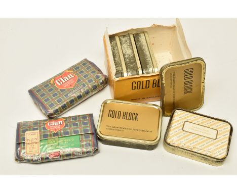 PIPE TOBACCO, 5 x vintage tins of GOLD BLOCK (250g total) and 2 x pouches of CLAN Nemeyer Mixture