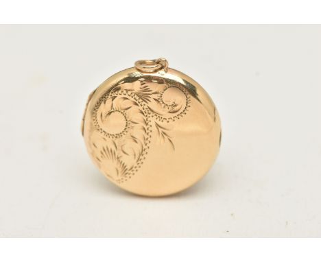 A 9CT GOLD LOCKET, of a circular form decorated with a foliate pattern, fitted with a jump ring for suspension, hallmarked 9c