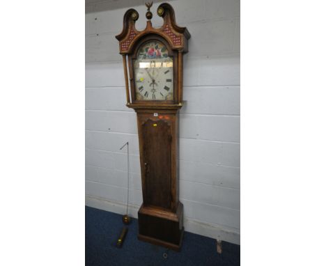 AN OAK CASED LONGCASE CLOCK, with twin swan neck pediment, with a brass ball and eagle finial, the arched glass door enclosin