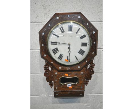 A 20TH CENTURY OAK DROP DIAL WALL CLOCK, the octagonal face with mother of pearl inlay, a convex circular glass door, that’s 