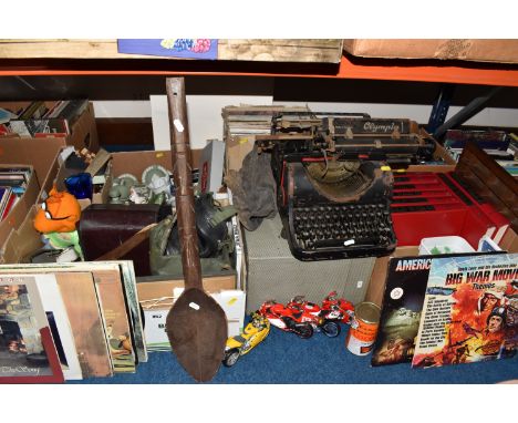 FIVE BOXES AND LOOSE MISCELLANEOUS ITEMS AND BOOKS to include a box of four vintage wooden puzzle toys, a quantity of plated 