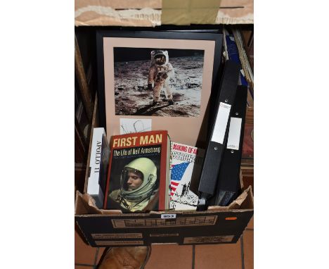 A BOX AND LOOSE NASA AND SPACE RELATED ITEMS to include ten framed photographs bearing signatures of individuals purported to
