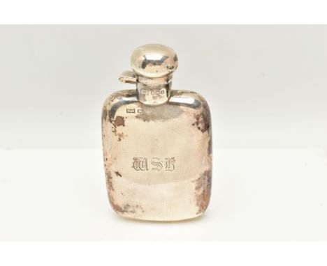 AN EARLY 20TH CENTURY SILVER HIP FLASK, polished form with engraved initials 'WSR', twist lock domed cap, stamped to the base
